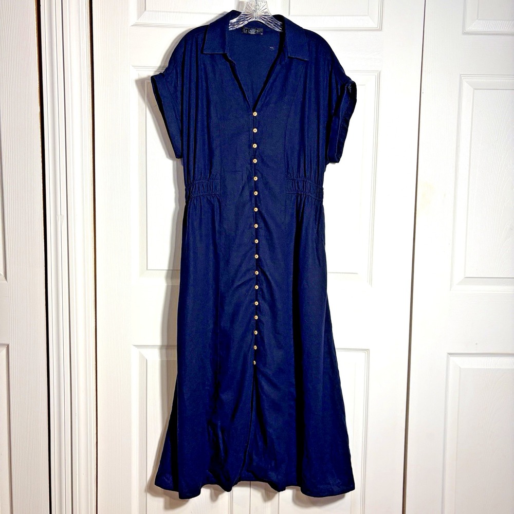 Tahari Linen Blend Shirt Dress Women L Navy Blue Cuffed Short Sleeve Coastal
